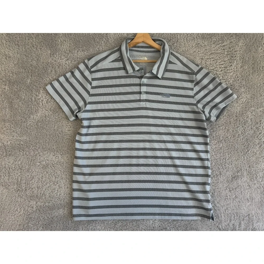 The North Face Mens XXL FlashDry Striped Polo Shirt Blue Grey Short Sleeve